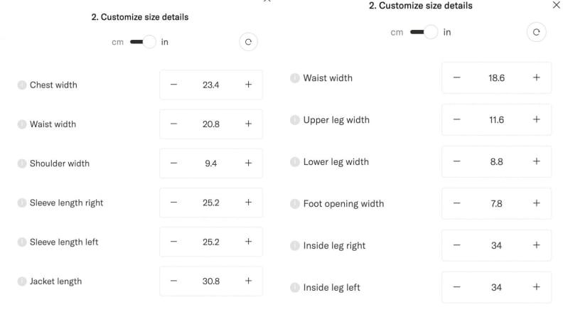 A screenshot of Suitsupply's Custom Made program in which it calculated measurements for an XL jacket and a size 36 pair of trousers.