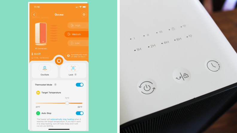 A screenshot of the Govee app next to a close-up of the buttons on the space heater.