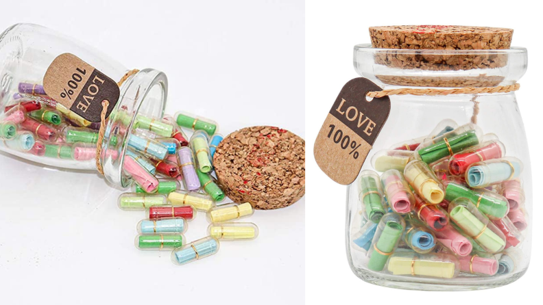 A glass jar with a cork lid filled with messages in plastic capsules. On the left, the capsules are spilled out around the jar.