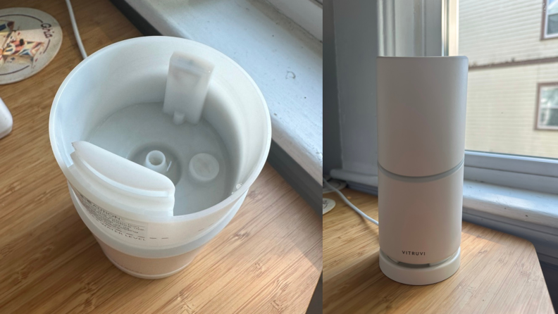 On the left, the inside of the Vitruvi Move diffuser water basin. On the right, the Vitruvi Move on its charger pad.