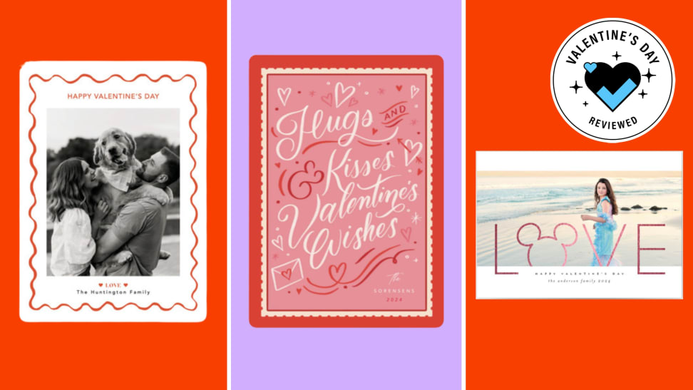 A collection of Valentine's Day-themed cards with the Valentine's Day Reviewed badge in front of colored backgrounds.