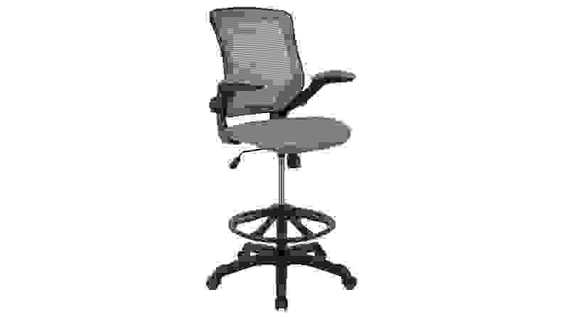 A dark grey drafting chair at its highest height on a white background.