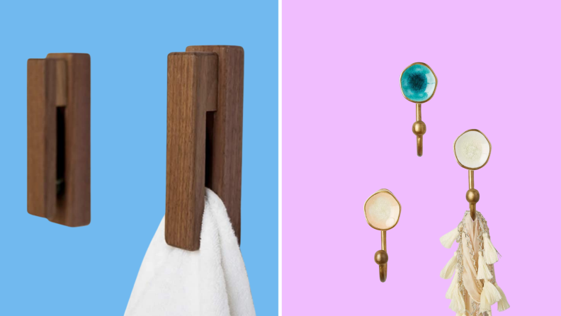 Against a blue and purple background, a set of wood hooks and then a colorful metal hook.