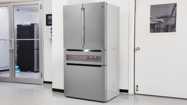 A stainless steel Bosch French-door refrigerator in a lab setting