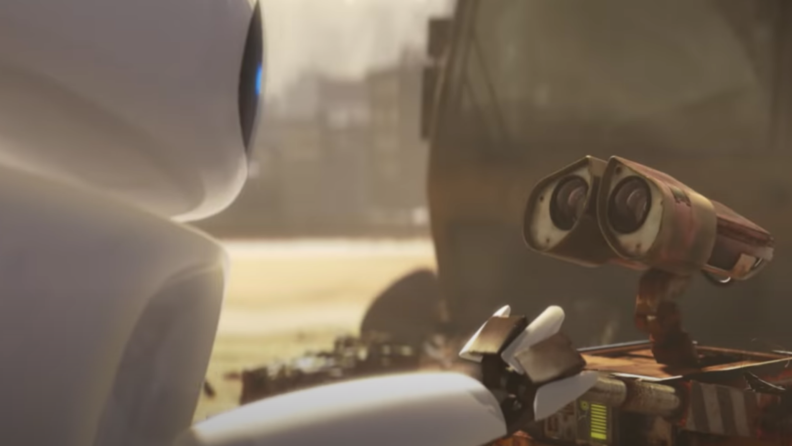 Two futuristic robots embrace.