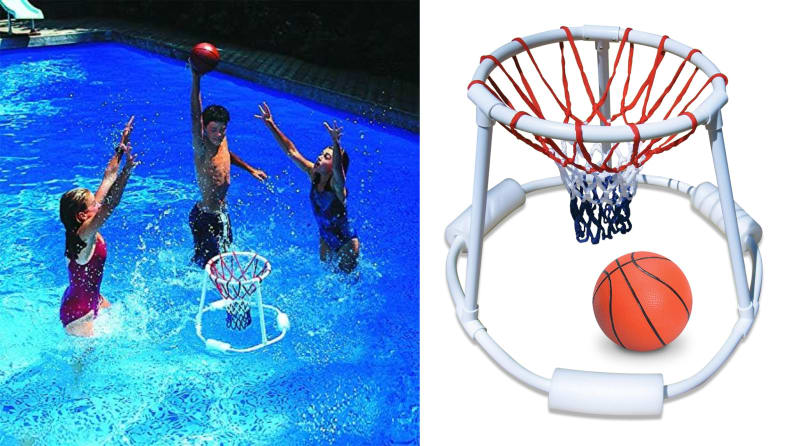 Three youths play pool basketball with a floating hoop, which is shown in closeup on right.