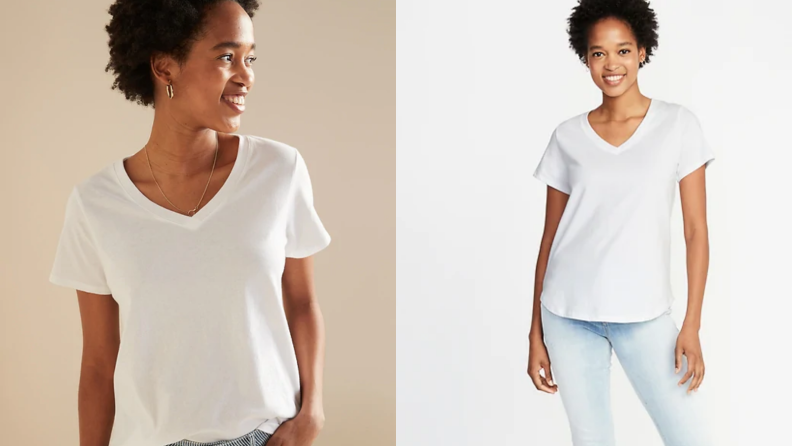 An image of a model in a v-neck white t shirt alongside an image of the same model in the same shirt.
