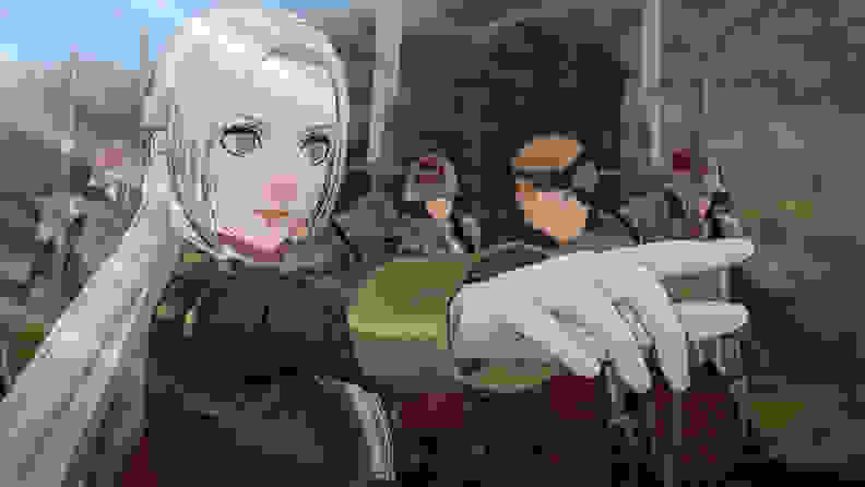 A white haired teenaged girl points toward the camera, leading troops into battle.