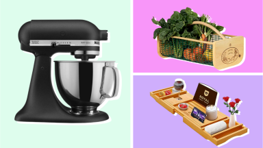 Kitchen Aid Stand Mixer, Garden basket with vegetables, and a bath tray