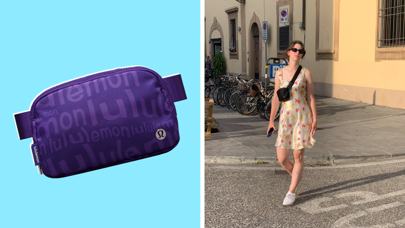 A product shot of the Lululemon Everywhere Belt Bag in a purple fabric with text on it, and a shot of the author wearing a printed dress with the same bag in black worn as a crossbody bag.