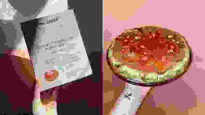 Left: A person holds a pink box containing lemon strawberry poppyseed cake mix. Right: A person holds with finished lemon strawberry poppyseed cake topped with pink strawberry glaze, all sitting on a pink glass plate.