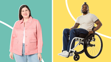 Two-panel image of a woman in a pink Denim & Co. adaptive coat and a man in a wheelchair wearing No Limbits wheelchair-fit jeans