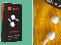 On left, product shot of the box packaging for Vibes Ear plugs. On right, white ear buds.