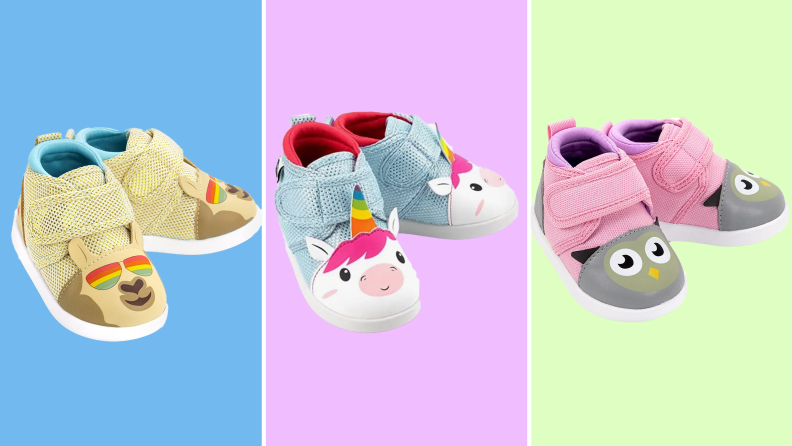 Product shots of the Ikiki Squeaky shoe in llama, unicorn, and owl designs.