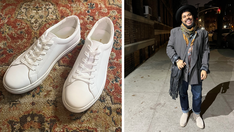 Collage image of white sneakers on an oriental rug and the author wearing beige Chelsea boots with a winter ensemble.