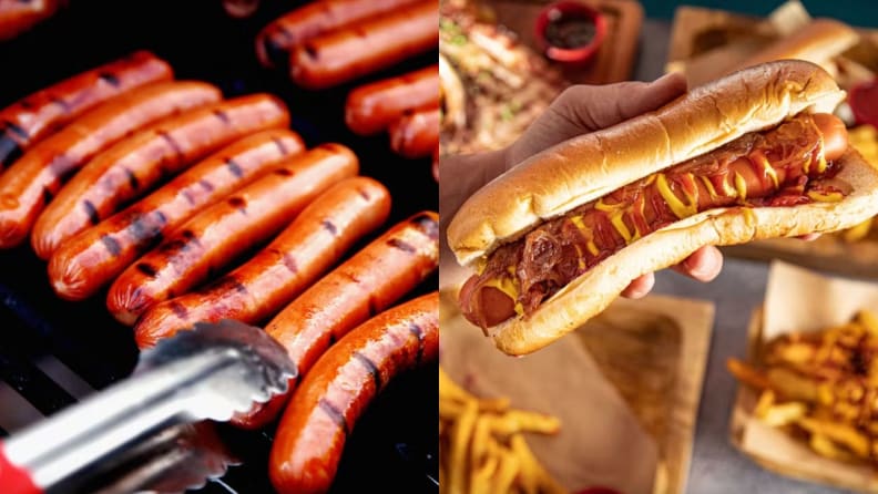 On left, person using tongs to flip sausage links on top of wire rack in grill. On right, person holding hot dog bun with mustard.
