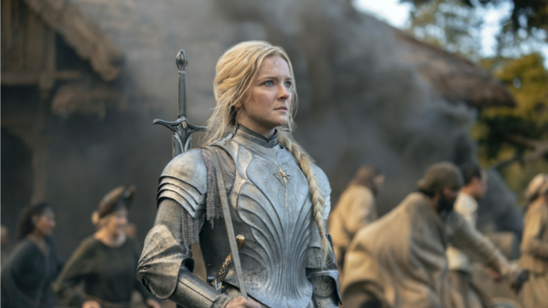 An image of Galadriel in battle armor from episode six of "The Rings of Power."