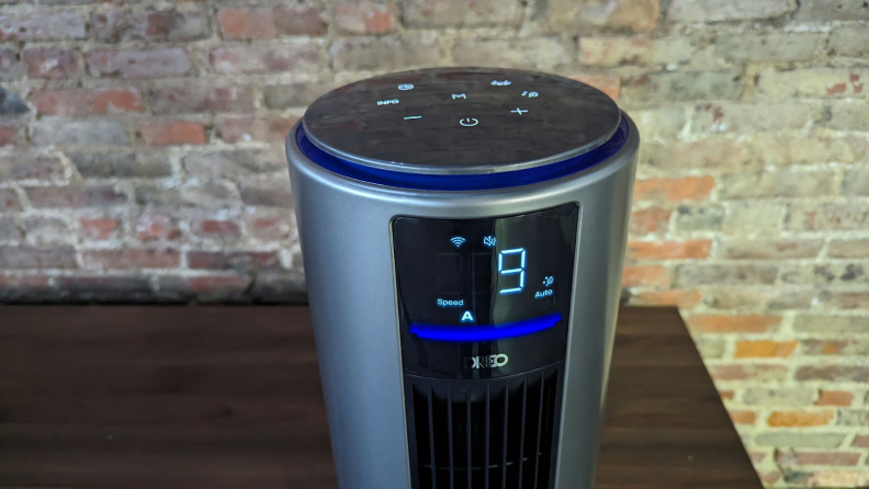 The top of the Dreo Air Purifier features a control panel and LCD screen that displays current settings.