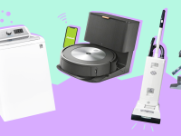 A washer, robot vacuum, and upright vacuum on a teal and purple background