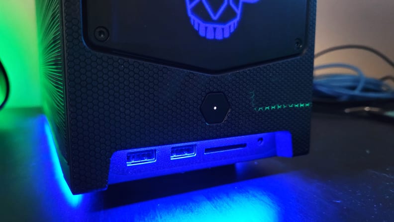 Front ports on a desktop PC in blue lighting