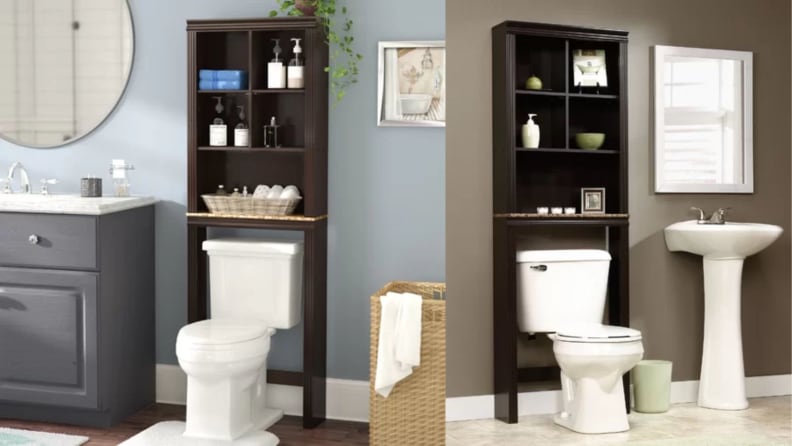 Side-by-side image of a toilet with storage in two different bathrooms