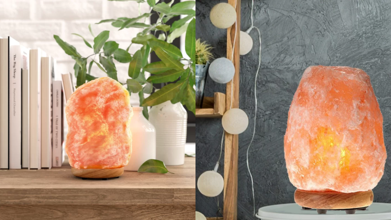 Two views of a Himalayan salt lamp in a living room