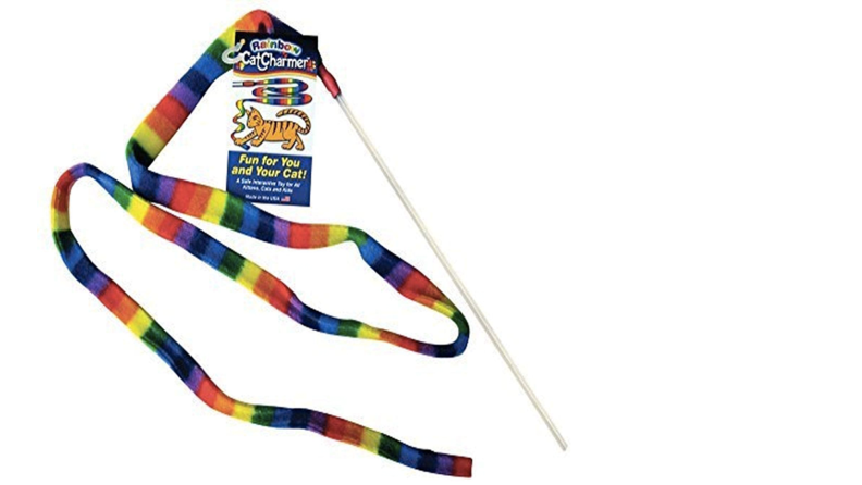 A long rainbow piece of fabric attached to a plastic wand