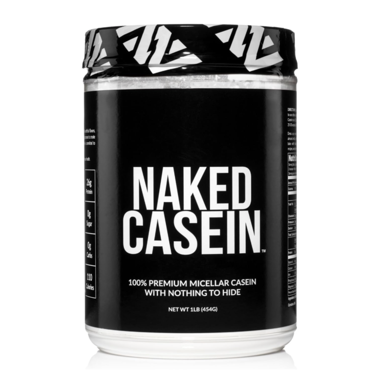 Single jug of micellar casein protein powder from Naked Nutrition with lid on top.