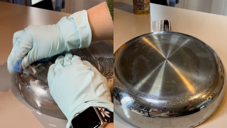 A pair of hands wearing gloves scrubbing the bottom of a pan with Bar Keepers Friend.