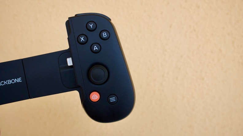 The right side of the Backbone's controls, including the numbered buttons, shoulder and trigger buttons, and joystick, as well as the dedicated Backbone button that opens the Backbone app.
