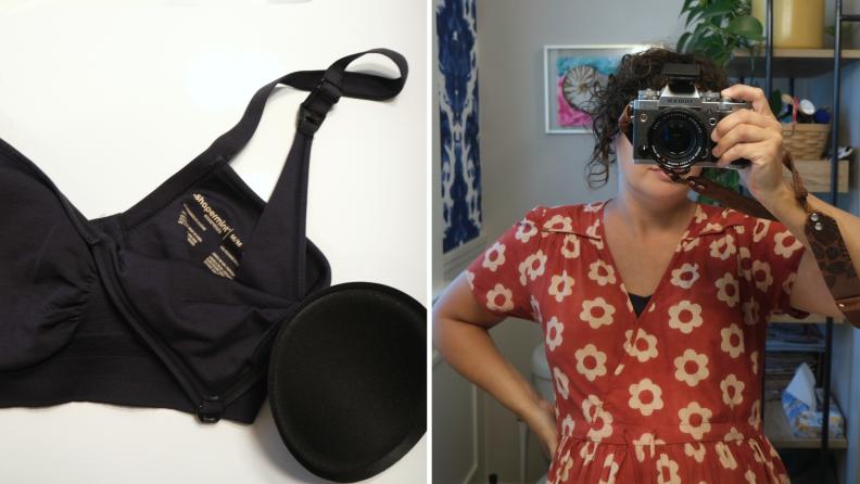 A photograph of a nursing bra and another shot of the author wearing a red dress where you can see the top of the bra over her dress.