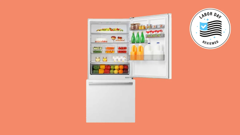 A Hisense fridge stocked with food on an orange background with a Labor Day badge.