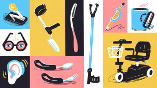 Illustrated collage of ten products for the disabled and aging communities