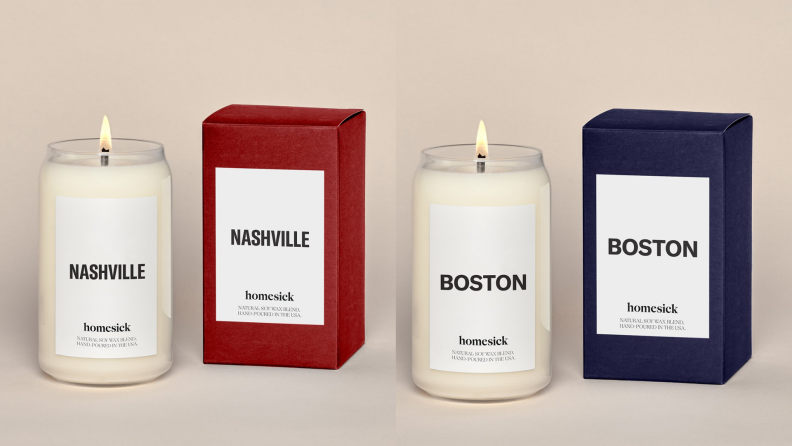 On left, cream-colored "Nashville" candle next red box. On right, cream-colored "Boston" candle next to navy blue box.