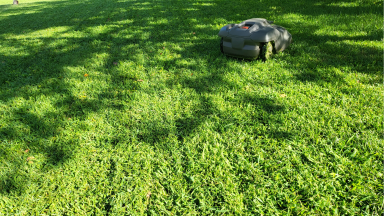 Husqvarna 450XH EPOS robot lawn mower on top of grassy lawn on sunny day.