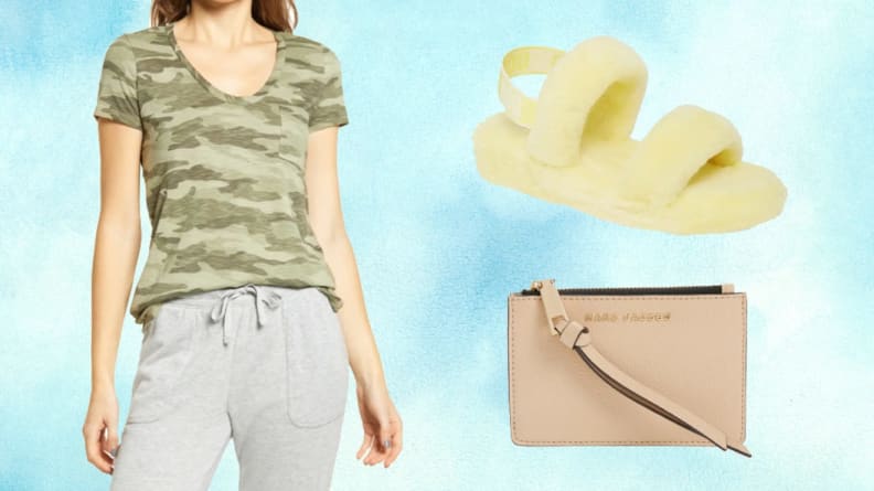 Person wearing olive green shirt. On left, yellow furry sandal and tan zip wallet.
