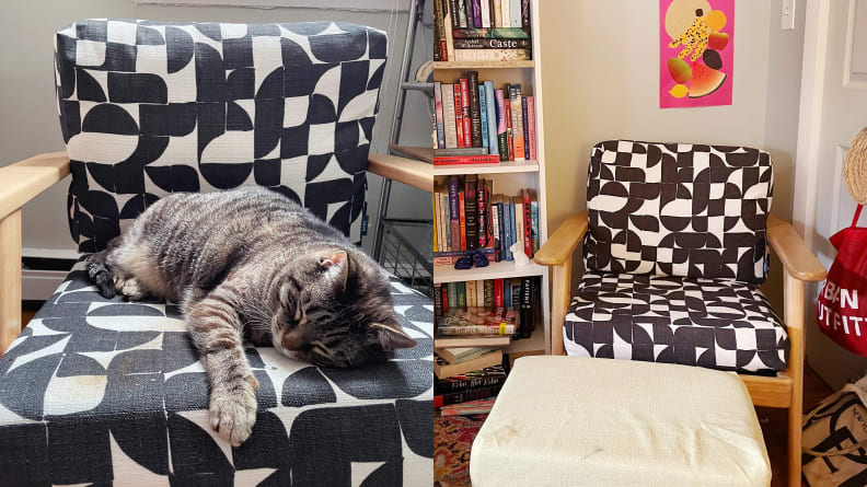 Two images of the furniture. One with a cat napping on the chair and one without.
