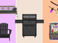 A collage of outdoor spring essentials, including a daybed swing, Adirondack chair, gas grill, string lights, and a bag of bird seed.