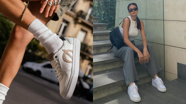 Diptych of two photographs. On the left is a close up of a model's legs wearing a pair of white sneakers, on the right is a model sitting on steps wearing the sneakers.