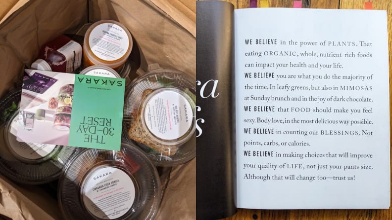 On right, plastic containers filled with food inside of paper bag. On right, page from inside of _Eat Clean, Play Dirty_.