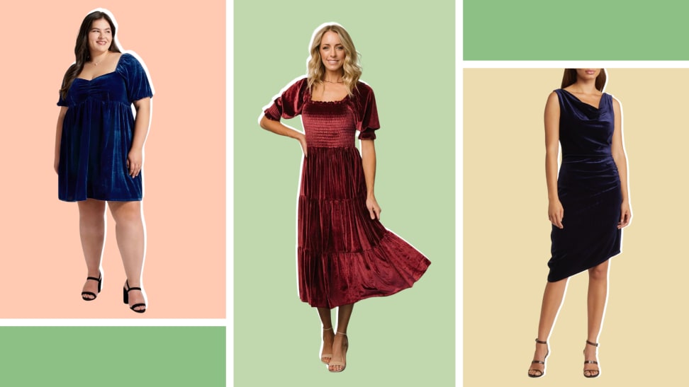 Collage of three models wearing velvet dresses.
