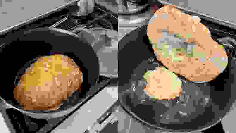 Photo collage of loaf of bread sitting inside of pot next to the loaf of bread lifted to reveal parts of it stuck to the pot.