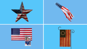 Four different variations of an American flag against a blue background.