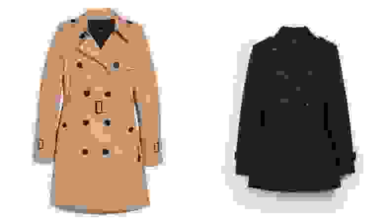 A tan and a black trench coat against a white background.
