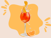 An Aperol Spritz cocktail in front of an orange background.