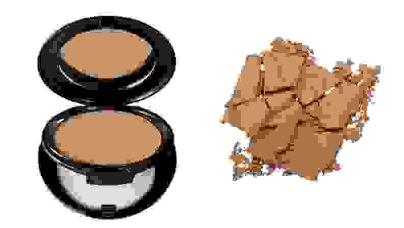 On the left, the Cover FX Pressed Mineral Foundation compact sits open on a white background to expose a tan-colored powder, a mirror, and a sponge applicator. On the right, a tan-colored powder is crushed up on a white background.
