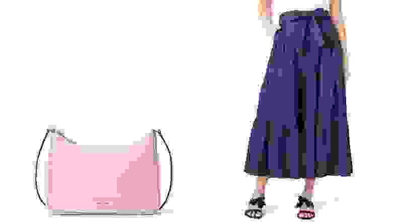 A pink purse and blue skirt.