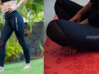 On left, person wearing leggings outdoors with hands on hips. On right, person sitting on ground with legs crossed.