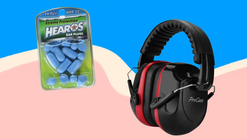 On left, blue earplugs in package. On right, noise-canceling headphones.