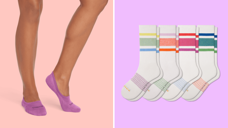 A model wearing pink no-show socks, and a pair of coordinated multicolored crew socks.